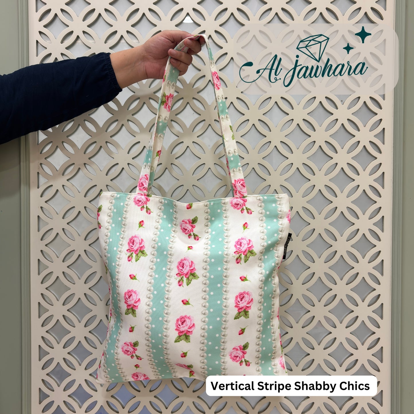Tote Bag – Vertical Stripe Shabby Chics with Zipper, Satin Lining & Inner Pocket