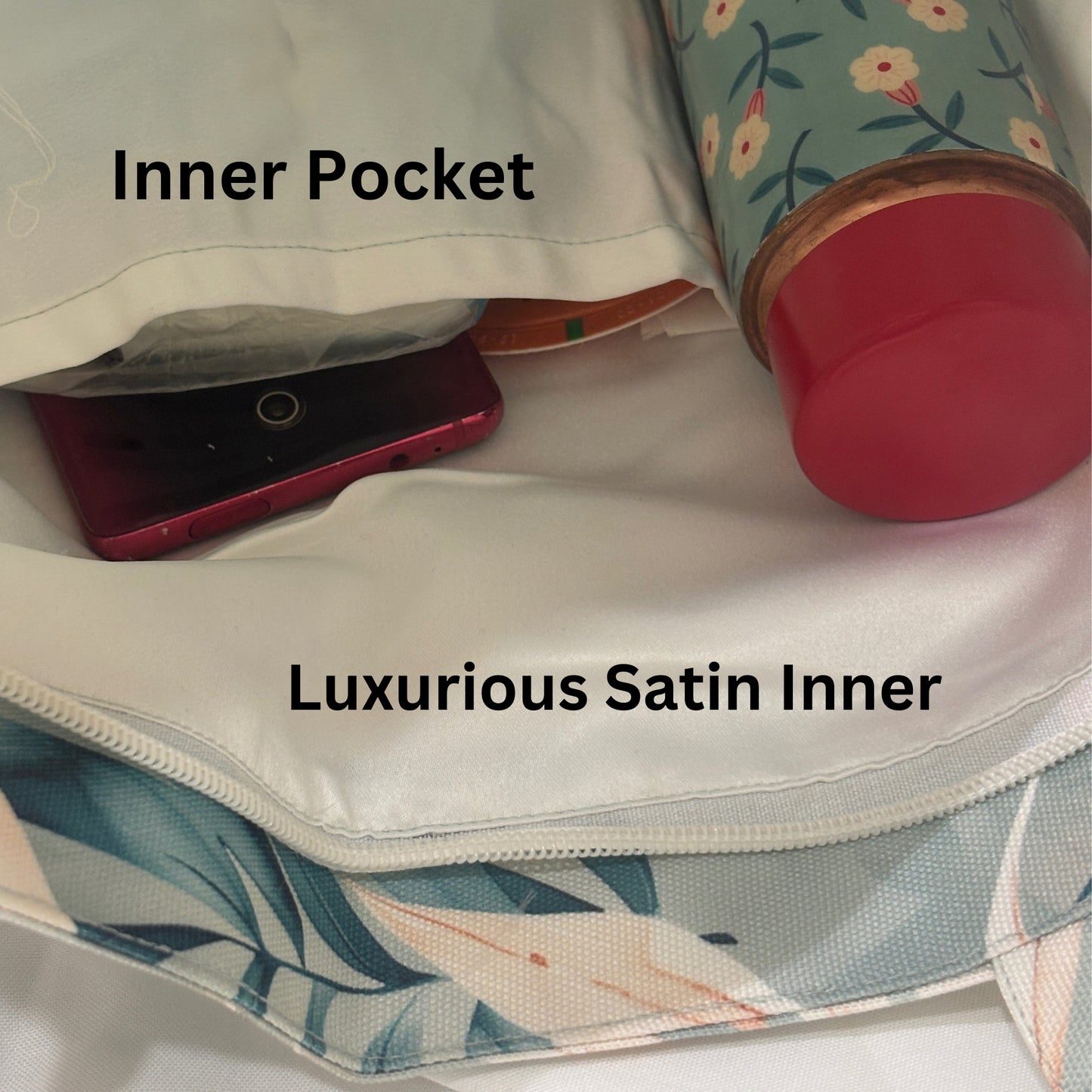 Tote Bag – Tropical Leaves Design with Zipper, Satin Lining & Inner Pocket