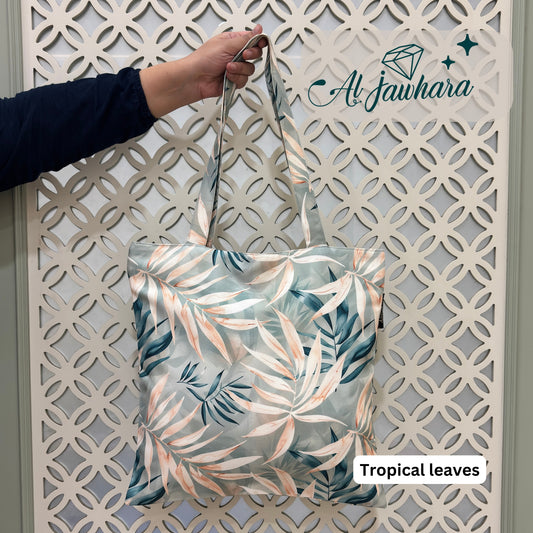 Tote Bag – Tropical Leaves Design with Zipper, Satin Lining & Inner Pocket