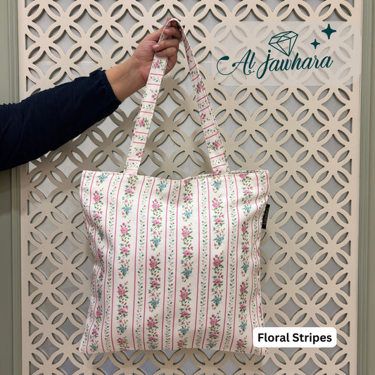 Tote Bag – Floral Stripes Design with Zipper, Satin Lining & Inner Pocket