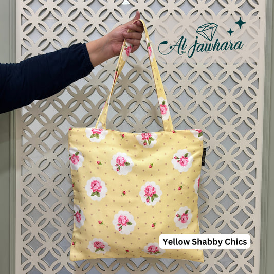 Tote Bag – Yellow Shabby Chics Design with Zipper, Satin Lining & Inner Pocket