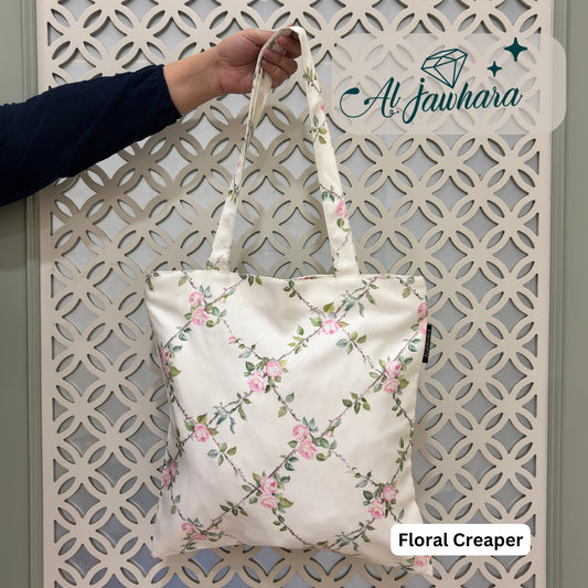 Tote Bag – Floral Creaper Design with Zipper, Satin Lining & Inner Pocket