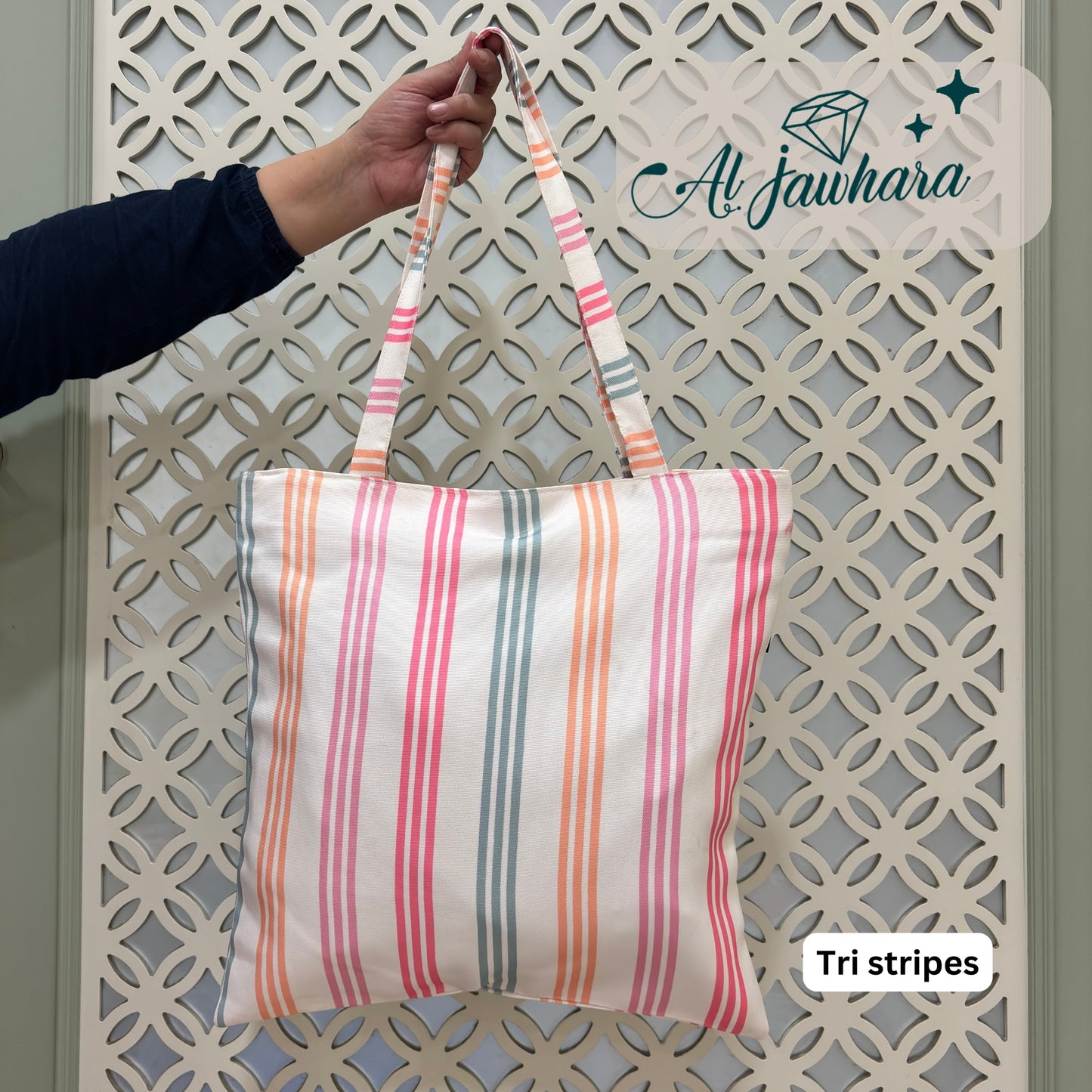 Tote Bag – Tri Stripes Design with Zipper, Satin Lining & Inner Pocket