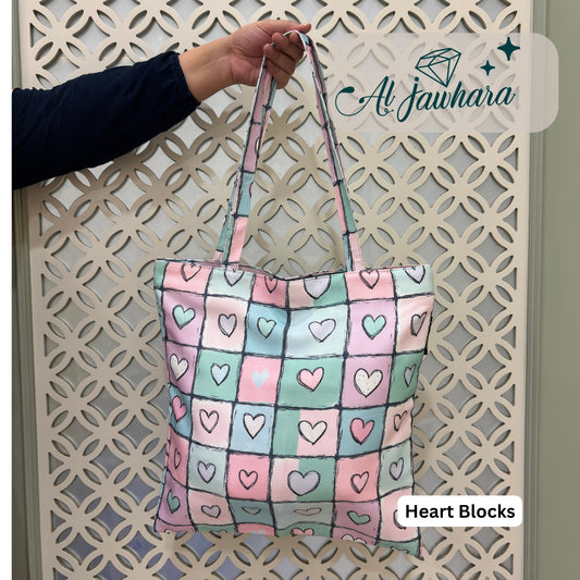 Tote Bag – Heart Blocks Design with Zipper, Satin Lining & Inner Pocket