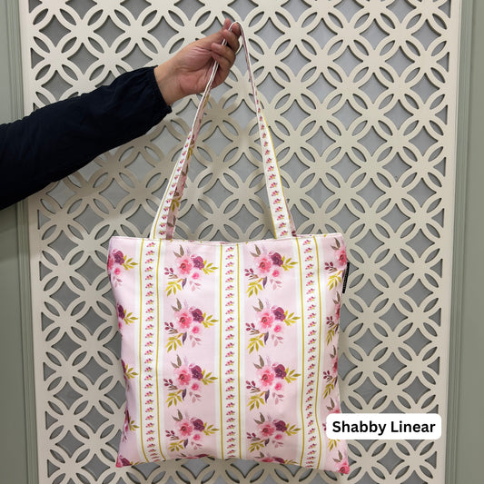 Tote Bag – Shabby Linear Design with Zipper, Satin Lining & Inner Pocket