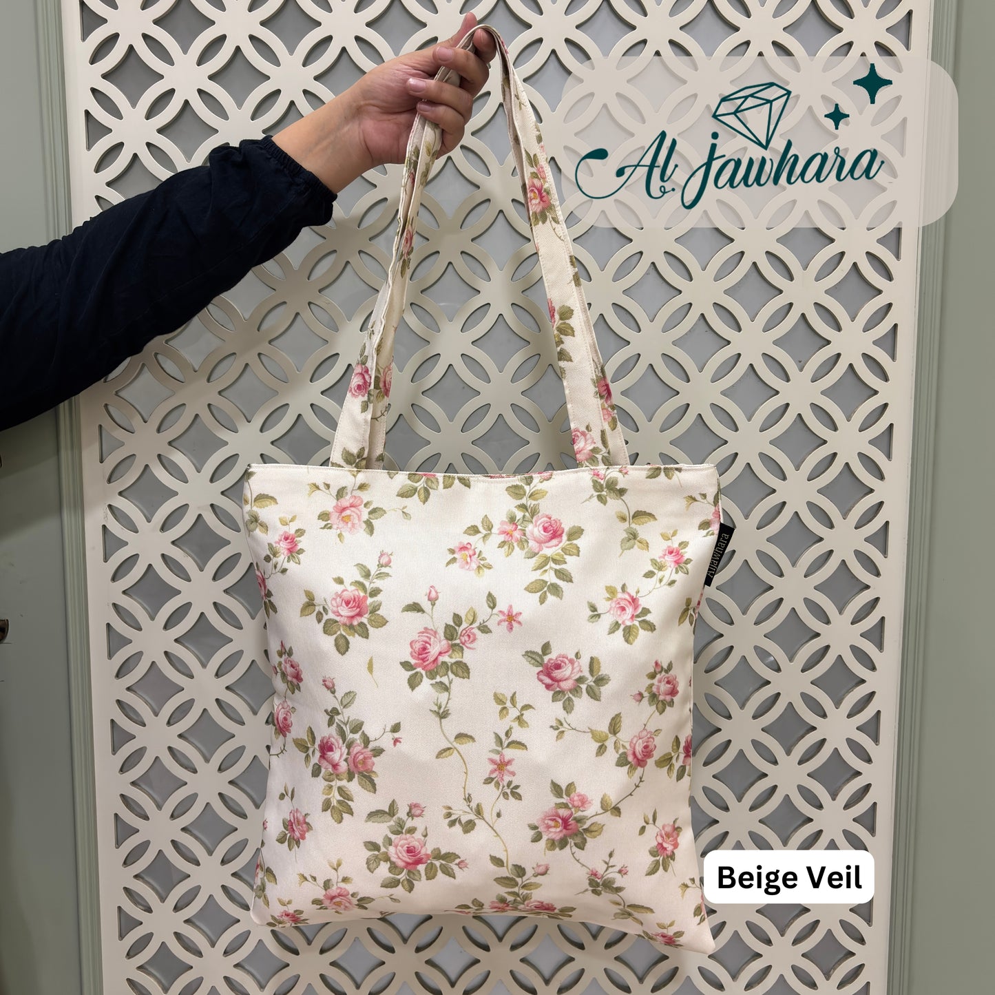 Tote Bag – Beige Veil Design with Zipper, Satin Lining & Inner Pocket