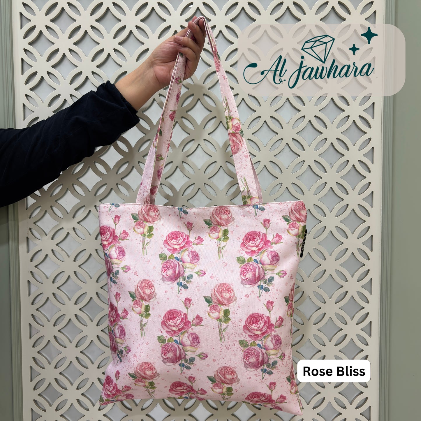 Tote Bag – Rose Bliss Design with Zipper, Satin Lining & Inner Pocket